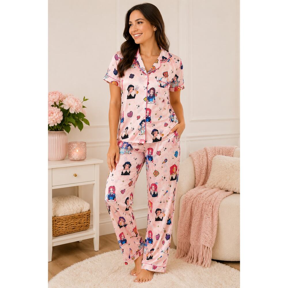 K-Pop Demon Hunters Pajama Set Adult Medium Pink Anime Sleepwear